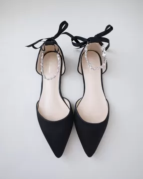 Black Satin Pointy Toe Evening Flats with Amaryllis Strap