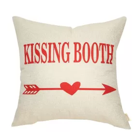 Farmhouse Valentine's Day Sign Kissing Booth Lover Cotton Linen Home Decorative Throw Pillow Case Cushion Cover with Words for Sofa Couch 18 x 18 in