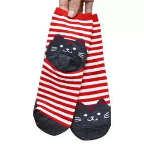 Women Girls Stripe Cute Cat Cotton Soft Pattern Crew Socks